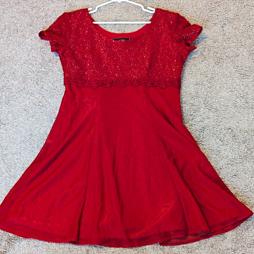 Vintage Molly Malloy Sequin Dress 14 Red Holiday Christmas Party Skater Mesh 90s
